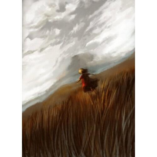 Little Girl in Red Running in the Wheat Field 5D DIY Poured Glue Diamond Painting Kits Scalloped Edge Wall Decoration Gift Art