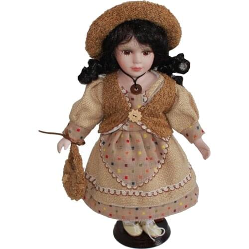 30cm Lovely Porcelain Girl Doll with Beige Dress & Stand Home Display Decor Best Gift