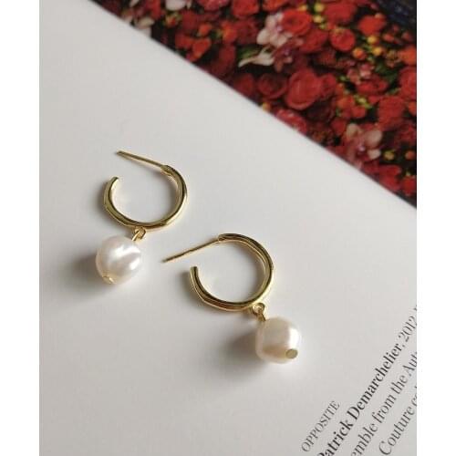 Authentic 925 Sterling silver Irregular rugged Baroque pearl Dangle earrings FINE jEWELRY E501