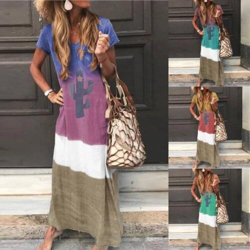 Plus Size Women Long Dress Bohemian Summer Ladies O-Neck Print Short Sleeve Casual Dresses Gradient Color Vestidos Beach Dress