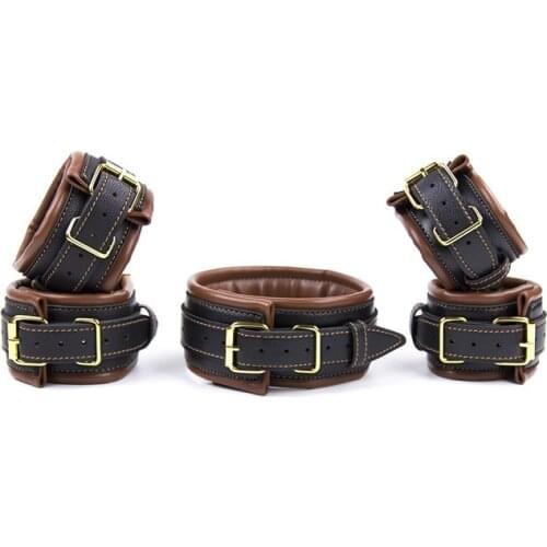 Adult Sex Game PU Leather Soft Sponge Padded Bondage Restraint Kit, Hands Cuffs Ankle Cuffs Neck Collar Sex Toys For Couples