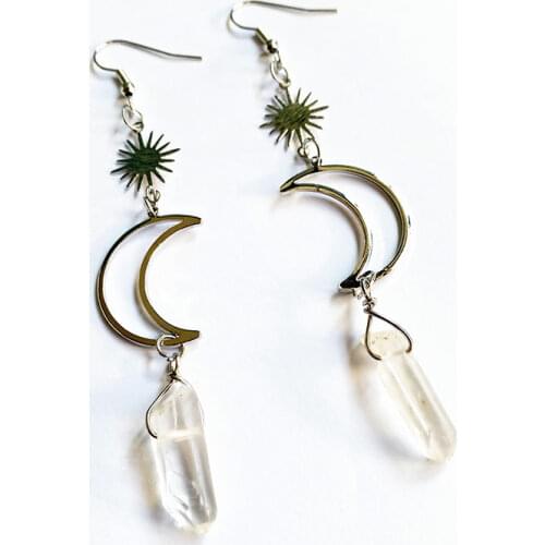 Moon Crystal Earrings,crescent Moon Earrings,boho Crystal Earrings,raw Stone Jewelry,angel Aura Earrings, Celestial Jewelry