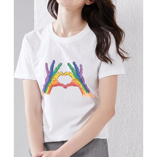 Womens T-shirt Trend Korean Version Sweet and Versatile Printing Hand Ratio Love Pattern Series Ladies O-neck Top Commuter Wear