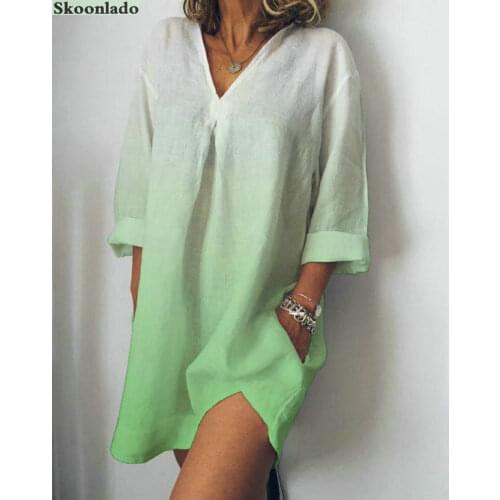 Women cotton line tops good lady linen long blouse casual loose Vneck design Gradient color fashion women clothes oversize3XL