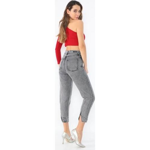 Women, Mom Jeans, High Waist, Slit Detailed, Light Grey, Cotton, Full Length, Denim Pants, 2021 Spring Summer