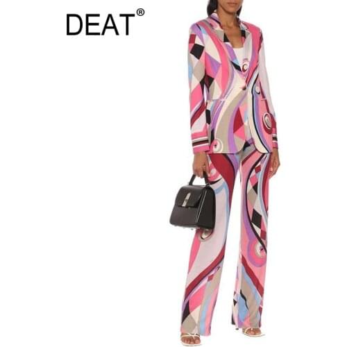 [DEAT] 2021 Spring Autumn New Fashion Tide Long Sleeve V-neck Single Button Printing Blazer Pencil Pants Suit Women 13C520