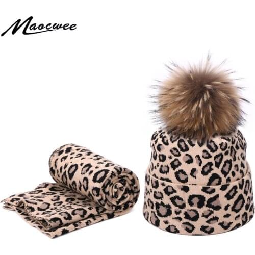 Fashion Leopard Print Unisex Hat And Scarf Set With Real Fur Pompon Autumn Winter Knitted Beanies Hats For Women Two Piece Sets