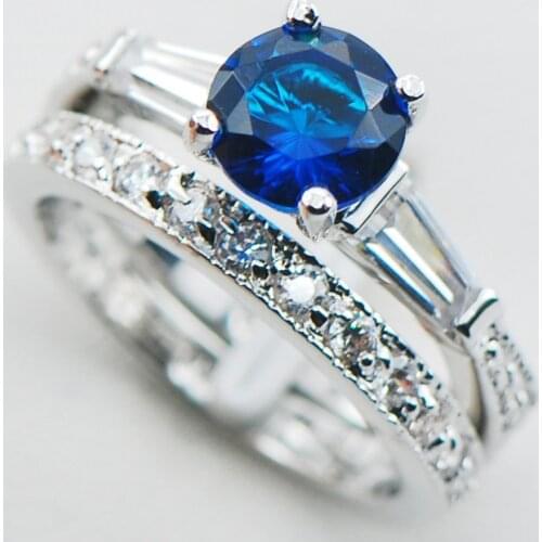 Blue Crystal Zircon 925 Sterling Silver Engagement Wedding Two Ring Size 5 6 7 8 9 10 F1100