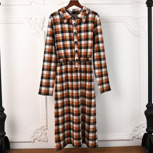 2021 Spring Autumn England Style Womens plaid long sleeves dess High quality 48%Wool knitted dress C741