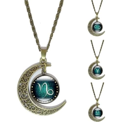 12 Constellation Pendant Necklace Zodiac Glass Cabochon Jewelry Bronze Crescent Moon Chain Necklaces for women birthday gift