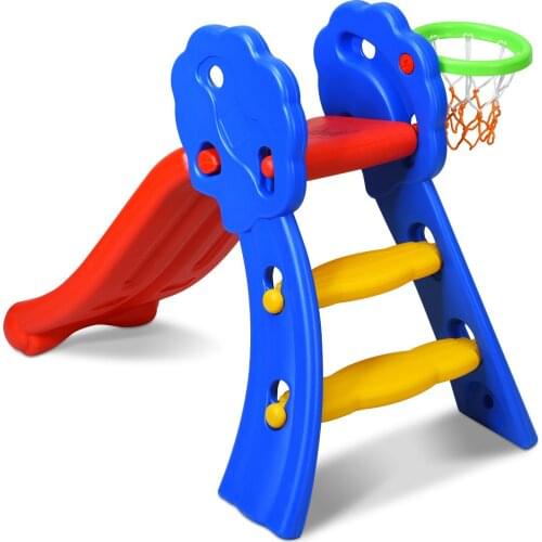 2 Step Children Play Folding Slide w/ Basketball Hoop Kids Indoor & Outdoor