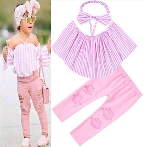 Girls O-Neck Sleeveless Pink Stripes Tops and Pink Hollow Out Pants with Turban 3PCS Clothing Sets Fashion Baby Girl Sets