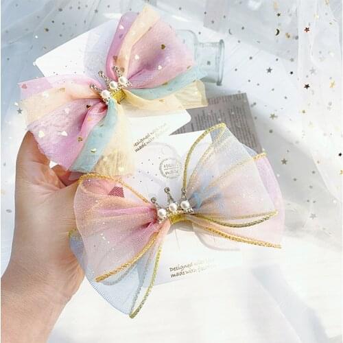 6pcs/lot Rainbow Gradient Color Hair Bows Clips Pearl Crown Girls Hairpin Mesh Hairbow Barrette Hairgrips Princess Accessories