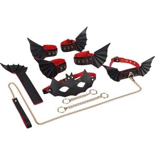 6 Pcs/set Sex Toys For Women Bat Style Leather Handcuffs Foot cuffs Collar With Leash Whip Eye Mask Bdsm Bondage Set Adult Games