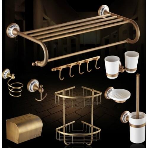 Bronze Ceramic Bathroom accessories set with Flower Decoration Antique Brushed Brass Porcelain Base Bathroom Hardware Set