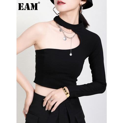 [EAM] Women White Brief Split Hollow Out Short T-shirt New Stand Collar Long Sleeve Fashion Tide Spring Autumn 2021 1DC899
