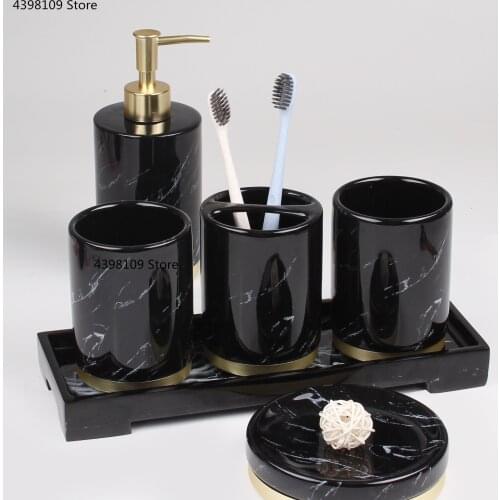 Black marble texture ceramic bathroom supplies / bathroom accessories with dispenser toothbrush holder soap dispenser tray