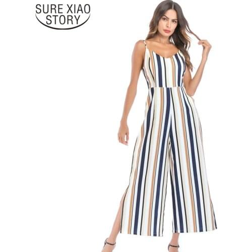 New Sling V-neck Contrast Striped Jumpsuit High Waist Pants Wide Leg Pants Women Pants Streetwear Trousers Women 3371 50