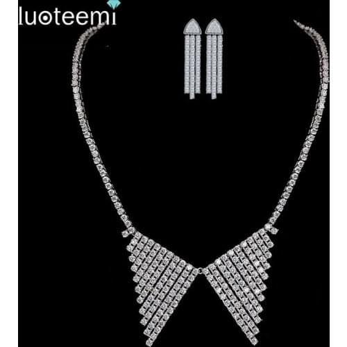 LUOTEEMI Luxurious Korea Style Micro Shining CZ Crystal Charming Love Choker Double Triangle Necklace for Women Wedding Jewelry