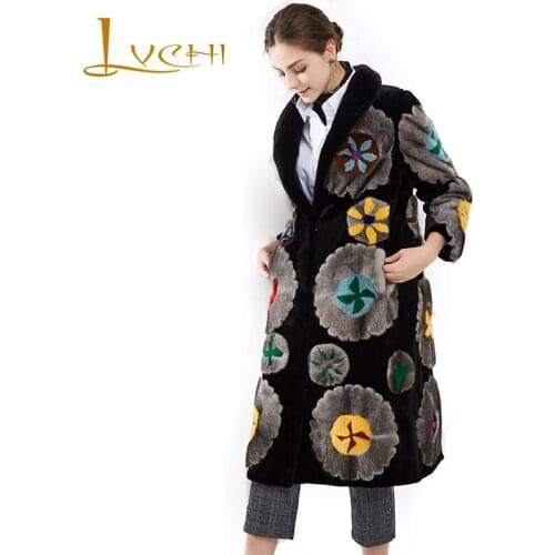 LVCHI Winter 2019 Imported Velvet Mink Womens Natural Fur Coat Patchwork Contrast Color Print Long Sleeve V-Neck Mink Fur Coats