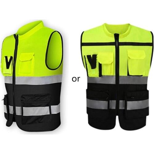 Multi-pockets High Visibility Zipper Front Safety Vest with Reflective Strips Bicycle and Motorcycle Riding Multipurpose