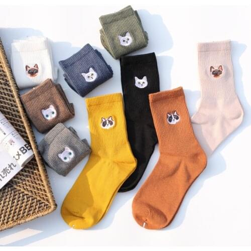 Cat And Dog Pure Cotton Woman Harajuku Cartoon Animal Silver Dollar Manual Embroidery funny Socks & hosiery women Autumn Winter