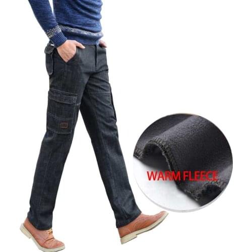 Autumn Winter Fleece Jeans Cargo Pants with Multi Pocket Men Casual Denim Pants Cotton Warm Velvet Trousers Male Joggers Pants