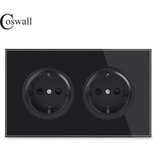 Coswall Crystal Tempered Pure Glass Panel 16A Double EU Standard Wall Power Socket Grounded With Child Protective Lock Black