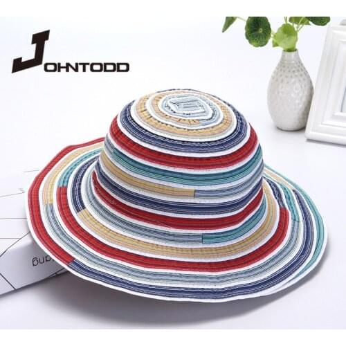 2021 Fashion Summer Women Hats Sun Hat Multicolor Stripes Bucket Cap Ladies Outdoors Travel Beach Foldable Wide-brimmed Hats