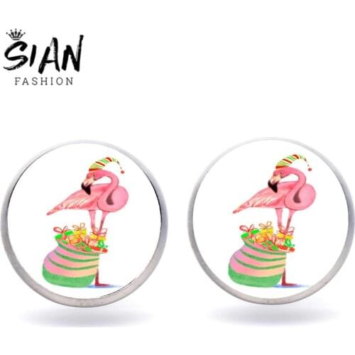 SIAN Pink Flamingo and Treasures Stud Earring Flower Jungle Tall Bird Cute Hat Sweet Glass Gem Earrings Women Girl Party Jewelry