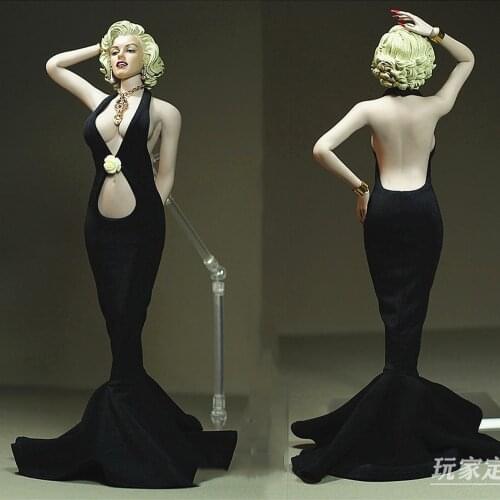 Rose Black Color 1/6 Scale Sexy Female Woman Fluffy Tail Dress Deep V Evening Long Skirt Cloth Model for 12'' Largest Bust Body