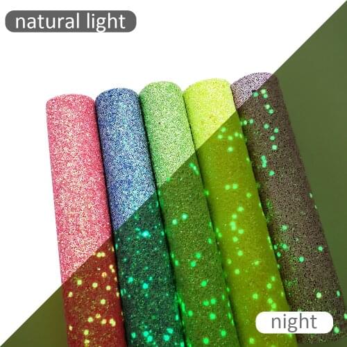 Glow in the Dark Faux Leather Sheets Shimmer Chunky Glitter Solid Color Synthetic Leather Fabric 20x33cm for DIY Earrings Bows