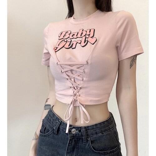 Y2K Sexy Letter Print Tops Wamen Casual O Neck Short Sleeve Tees Summer Clothing Harajuku Bodycon Lace Up Pink T Shirt
