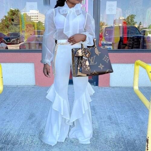 Two Piece Set Women Long Sleeve Bow Collar Mesh Shirt and High Waist Flare Pant Suits Sexy See Through Blouse Outfits