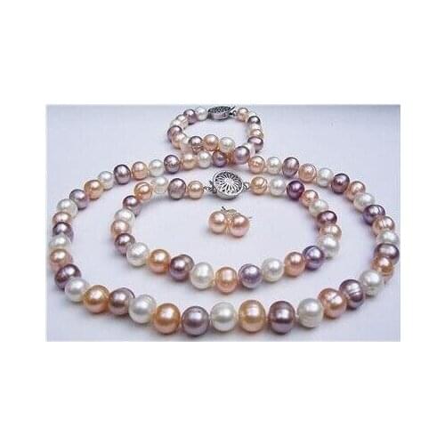 Womens fine 7-8mm multicoloured pearl necklace Bracelet earring word mujer for women -jewelry 925 fine quality