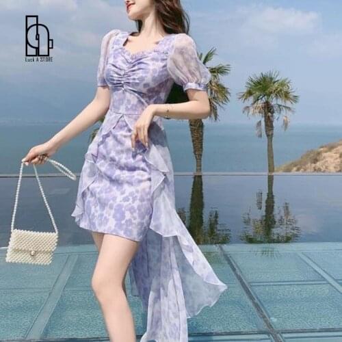 Elegant Casual Floral Dress Women 2021 Summer Beach Bohemian Evening Party Midi Dress Ladies Puff Sleeve Korean Fashion Clothing