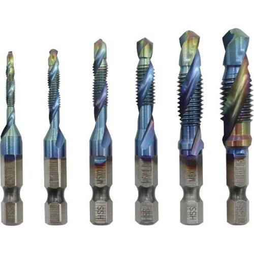 1/6PCS Hex Shank HSS Screw Thread Metric Tap Drill Bit Blue Coated Compound Tap Screw Machine M3 M4 M5 M6 M8 M10 Hand Tool