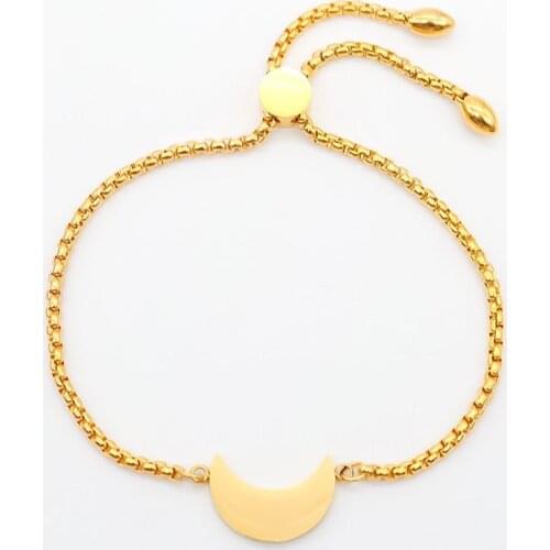 2021 Trendy Stainless Steel Adjustable Slider/ Slide Bolo Bracelets Gold & Half Moon Women Girls Jewelry Gift 28cm Long 1 PC