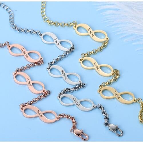 Fashion Double Name Engraved Date Numerals Infinity Pendant Bracelet Stainless Steel Custom Jewelry Bangle Best Gifts for women