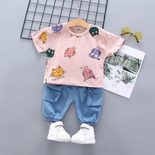 Summer Boys Clothes Cartoon Kitten Print T-shirt +Short Sleeve Shorts Suit Casual 2pcs