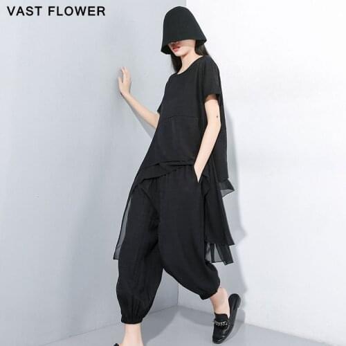 Vintage Plus Size Two Piece Set Women Loose Long Black Irregular Short Sleeve Tshirt Women Harem Pants Clothes Tops Summer 2021