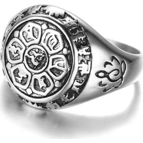 Creative Buddhism Lotus Pattern Rune Ring Retro Religious Personality Exquisite Domineering Amulet Gift Jewelry