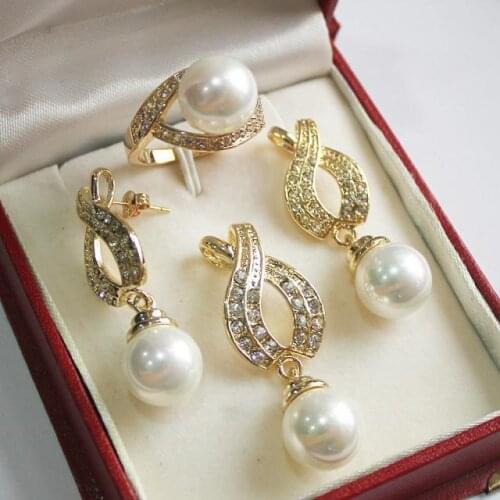 Hot! perfect match new jewelry 18KGP 12mm white shell pearl pendant, earring, , ring set