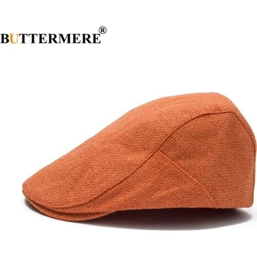 BUTTERMERE Linen Mens Beret Summer Flat Cap Adjustable Newsboy Cap Breathable Vintage Solid Orange Ivy Duckbill Hat