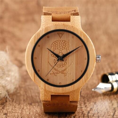 Handmade Nature Wood Engraved Skull Dial Design Mens Quartz Analog Wrist Watch Brown Soft Leather Band Timepiece Reloj Gift