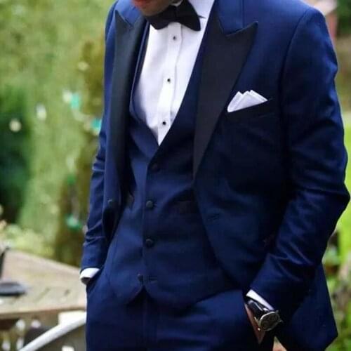 ANNIEBRITNEY Navy Blue 3 Piece Slim Men Fashion Suit Cutsom Groom Wedding Tuxedo Prom Wedding Tailor Made Men Suit With Pants