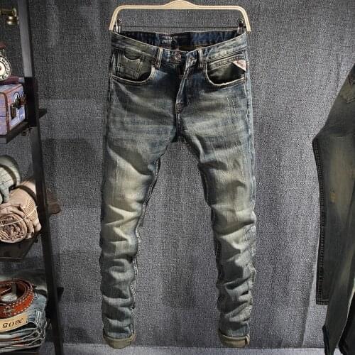 Newly Vintage Fashion Men Jeans High Quality Elastic Slim Fit Ripped Jeans Men Retro Distressed Wash Designer Casual Denim Pants