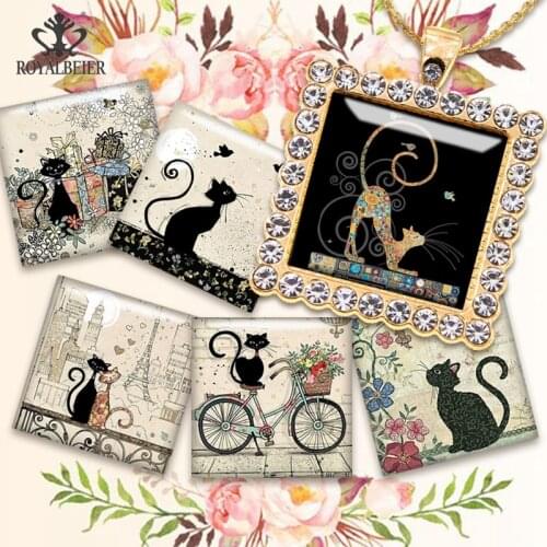 New Vintage Pet Cute Cat Square Handmade Photo Glass Cabochons Glass Dome Cover Pendant Cameo Settings