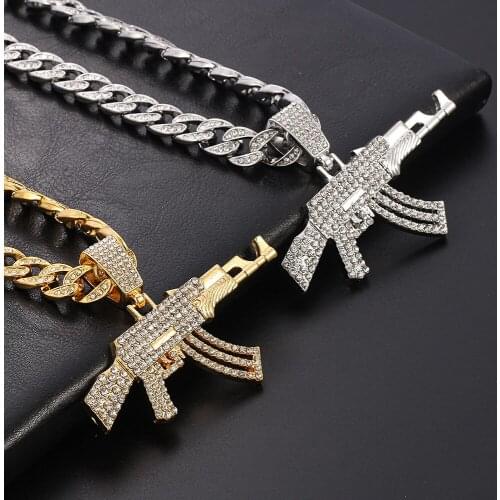 Luxury Men Women Hip Hop Iced Out Bling Submachine Gun Pendant Necklace 12mm Miami Cuban Link Chain Choker Fashion Jewelry Gifts