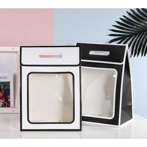Transparent Paper Bag with PVC Clear Window Black White Flower Gift Candy Boxes Packaging Bags Business Wrapping Paper Tote Bags